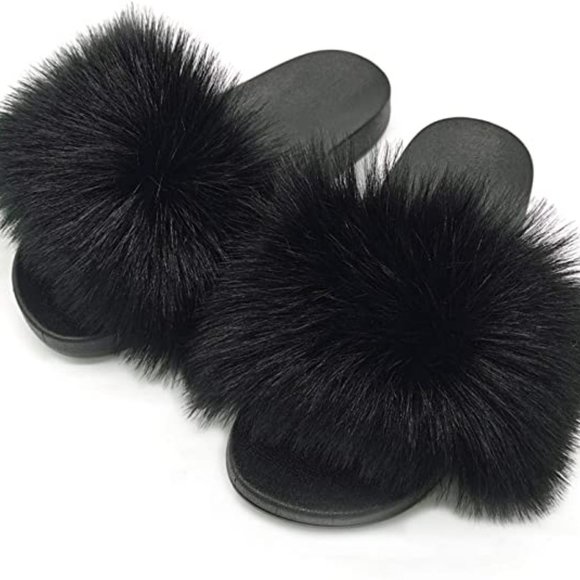 Fluffy Faux Fur Slides Fuzzy Slippers Furry Sandals Open Toe Outdoor - Picture 1 of 3